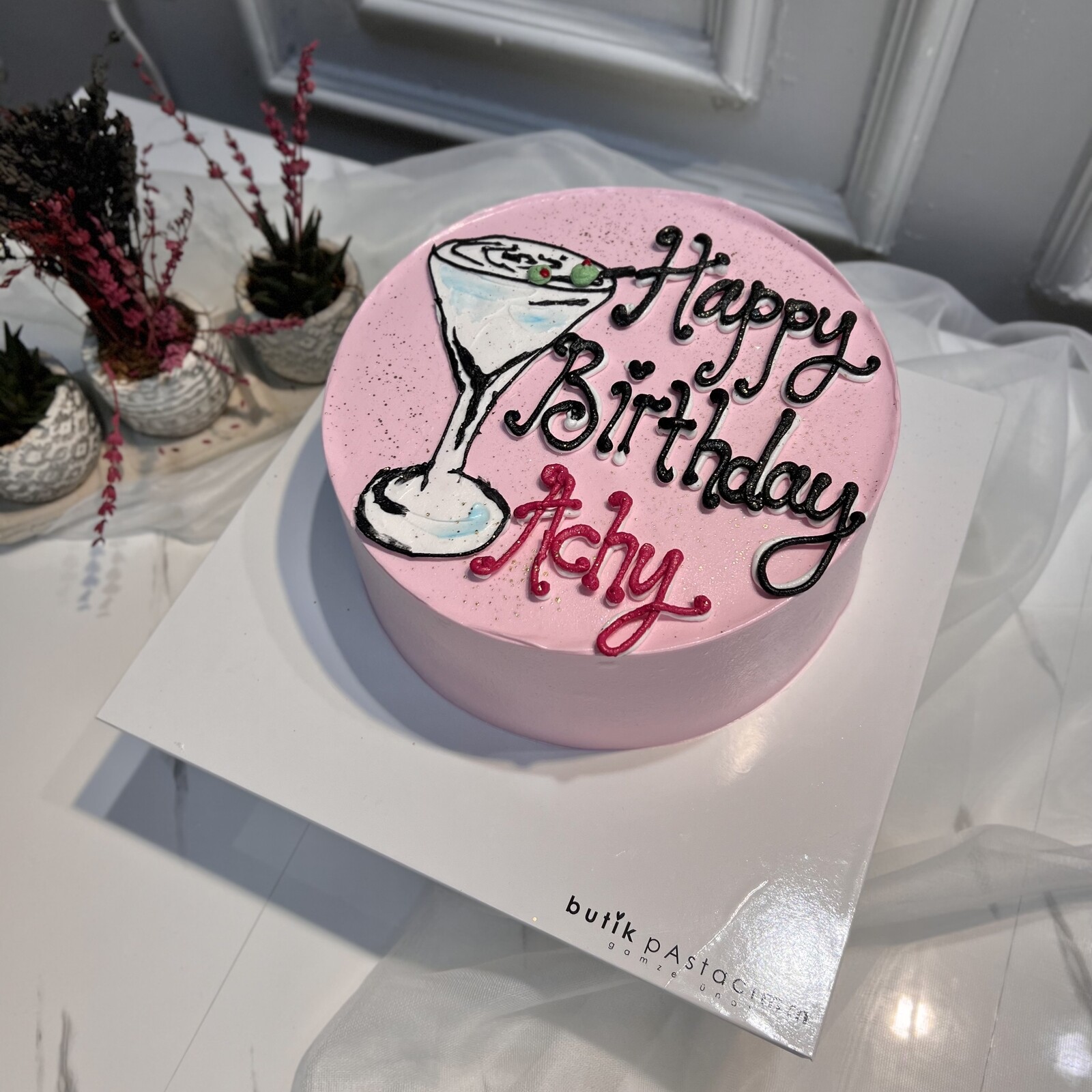 Bardak Çizimli Yazılı Pasta