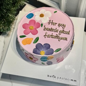 Çiçek Detaylı Yazılı Pasta 2