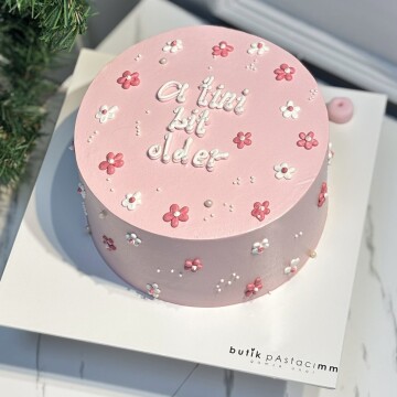 Mini Çiçekli Pembe Yazılı Pasta